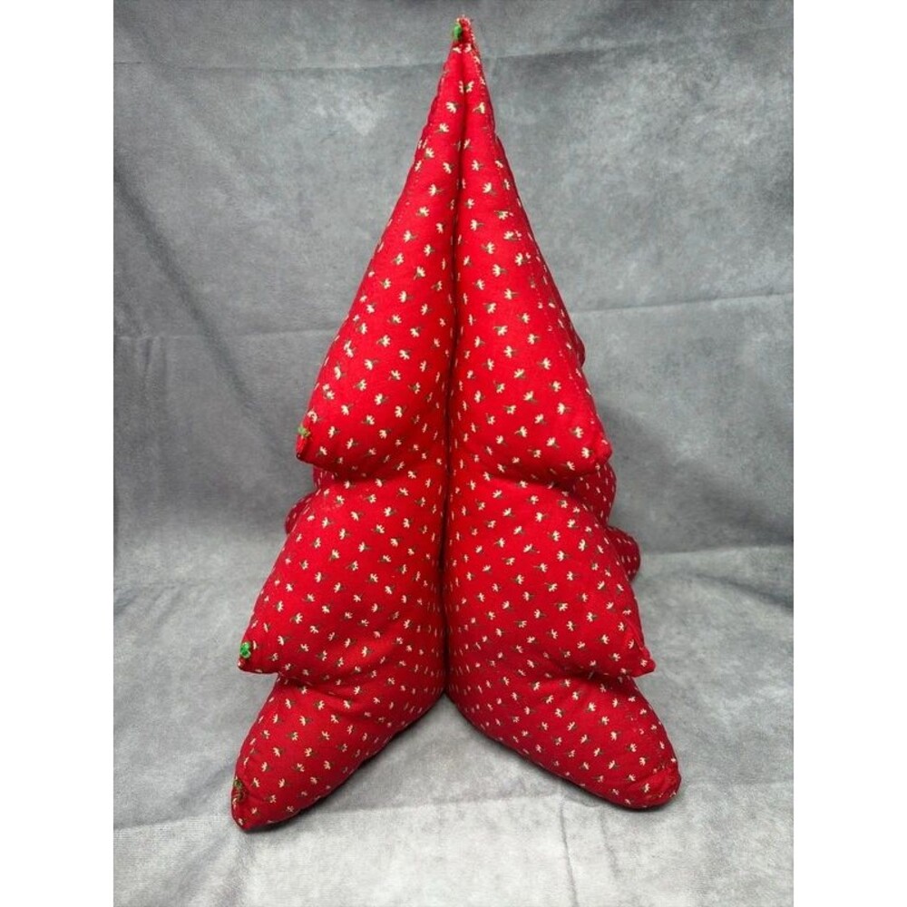 Vintage 3D Stuffed Fabric Christmas Tree Tabletop Decor Red Calico Print Handmad